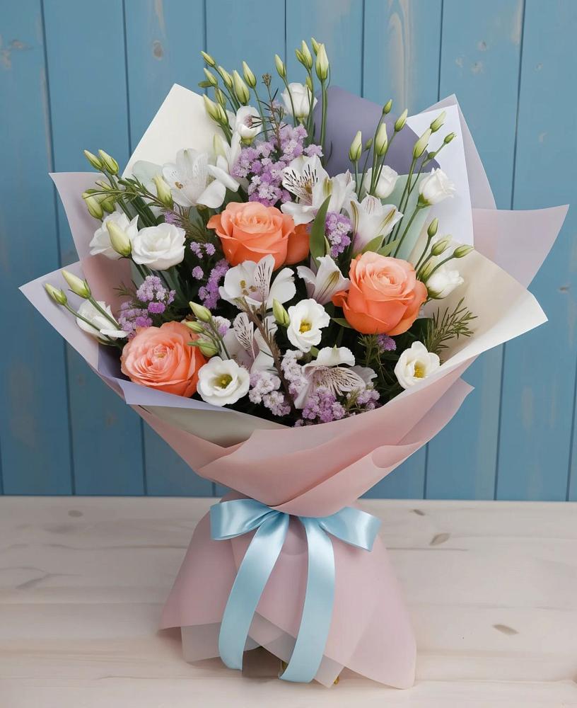 Букет цветов из: Лизиантусы, Розы, Альстромерии и Гипсофила в Калининце