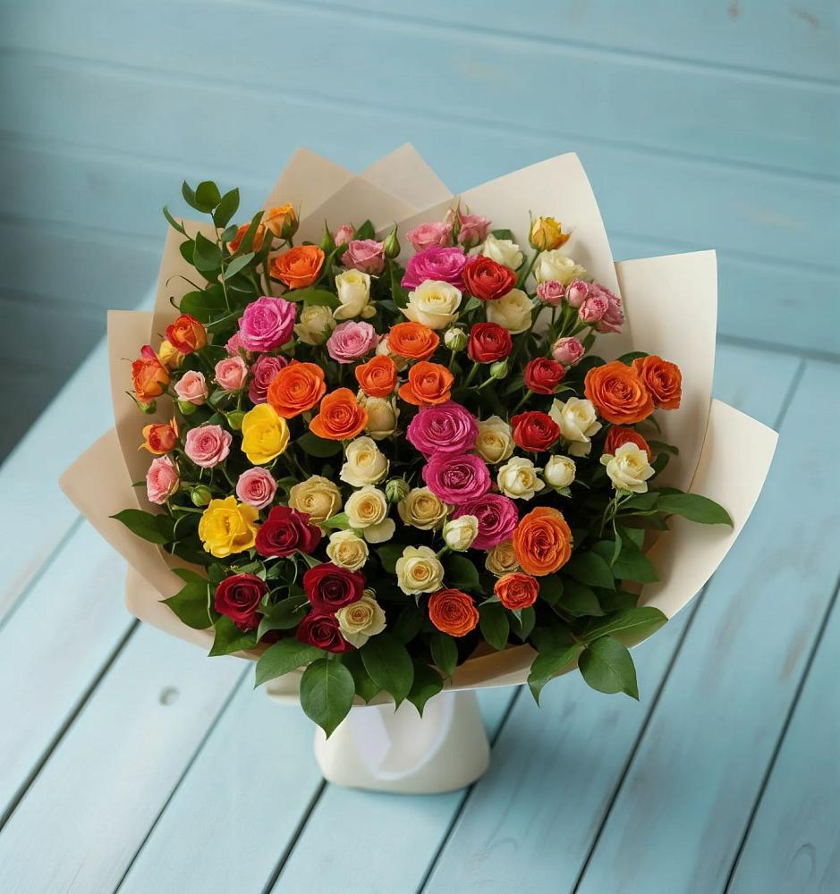Букет Микс из разноцветных кустовых роз в Калининце
