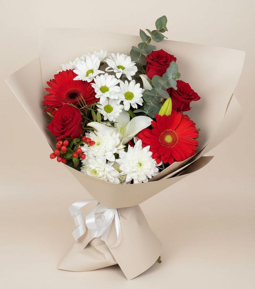 Букет цветов из: Розы, Хризантемы, Герберы и Лилии в Калининце